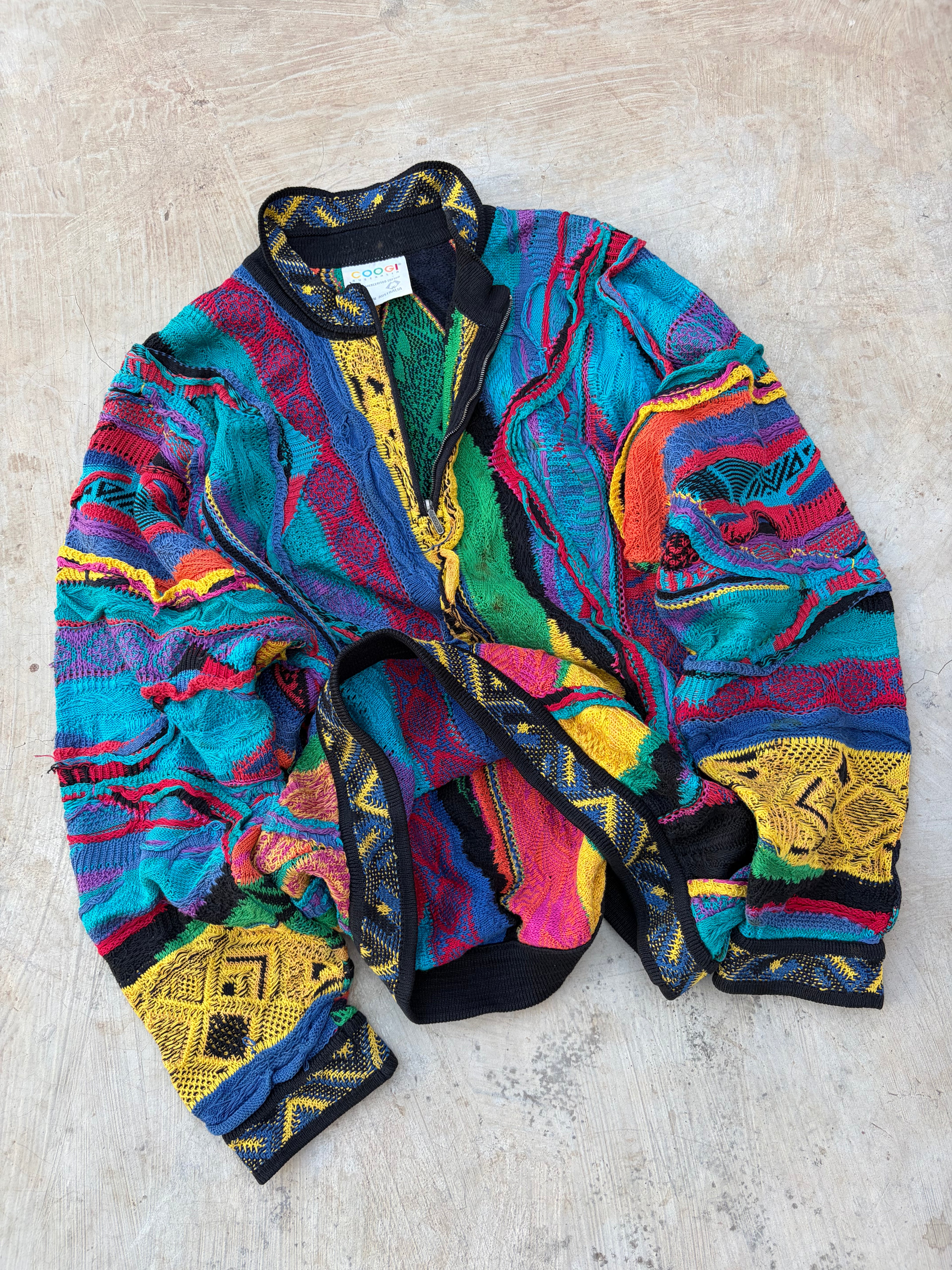 Vintage 90s COOGI Australia 3D Mercerised Cotton Zip Knit Sweater S