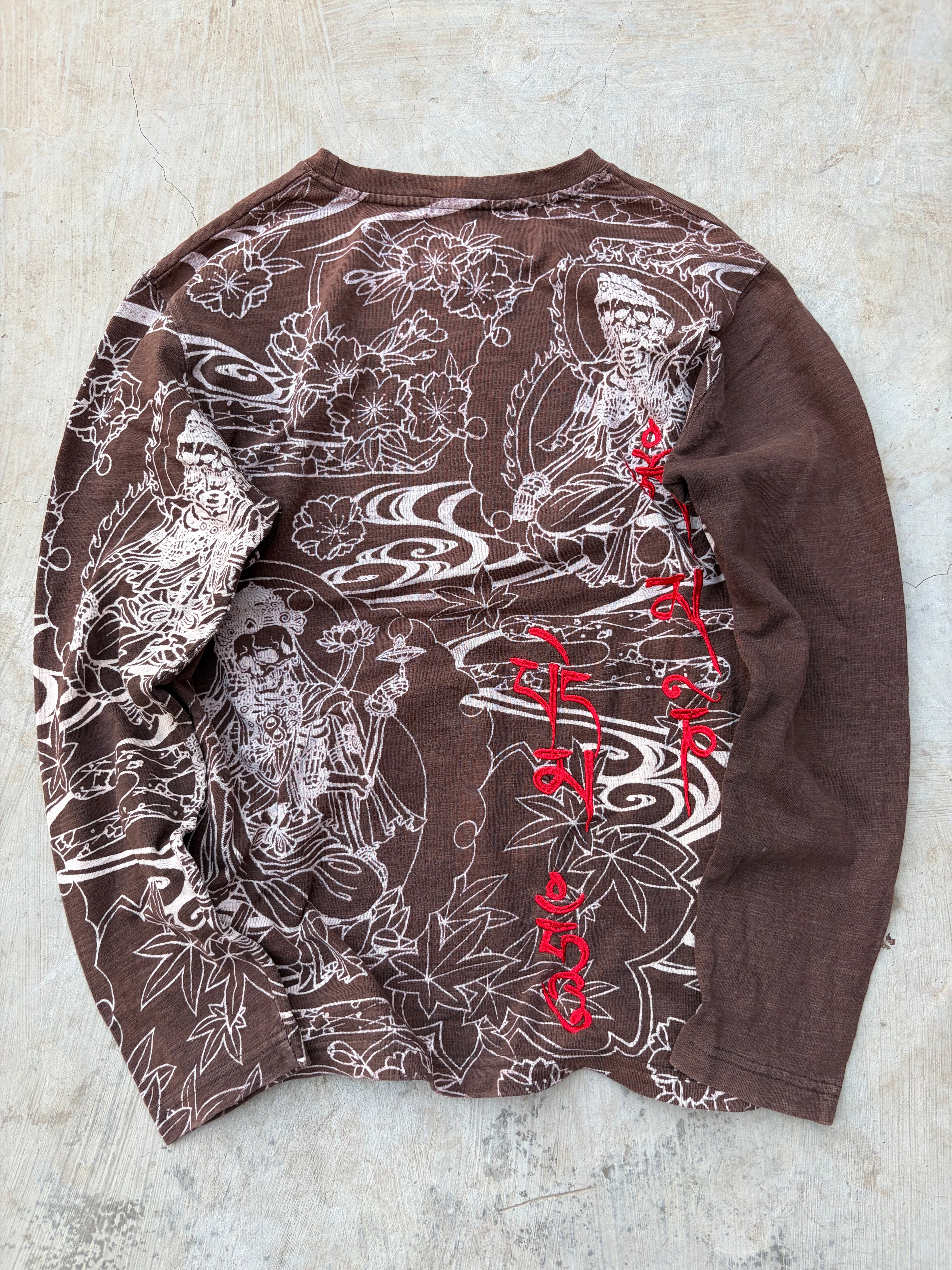 Vintage Big Train Embroidered Graphic Long Sleeve Tee Brown Tribal Skull Y2K M/L