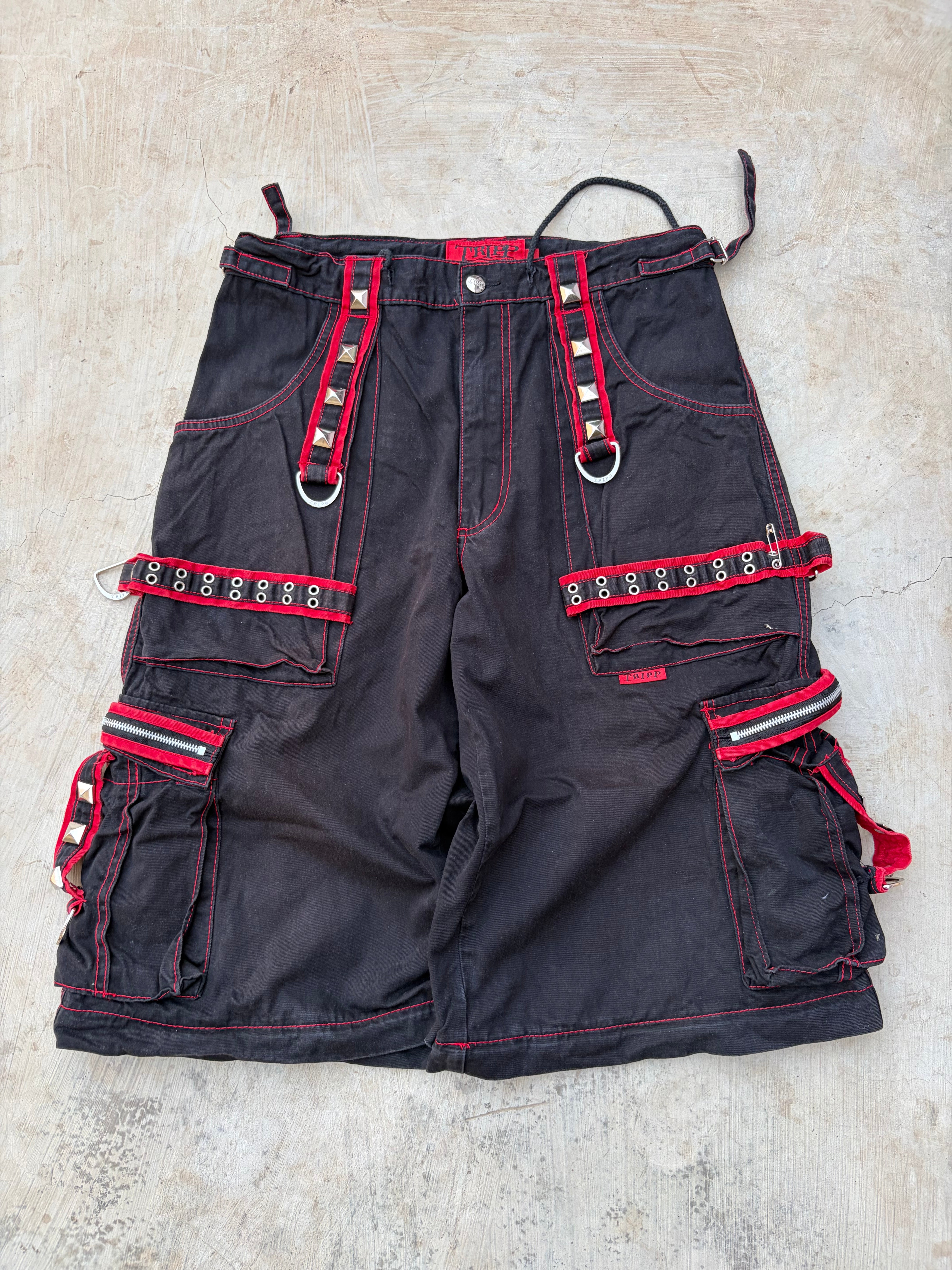 Vintage Tripp NYC Bondage Cargo Shorts Black Red Stitch Studded