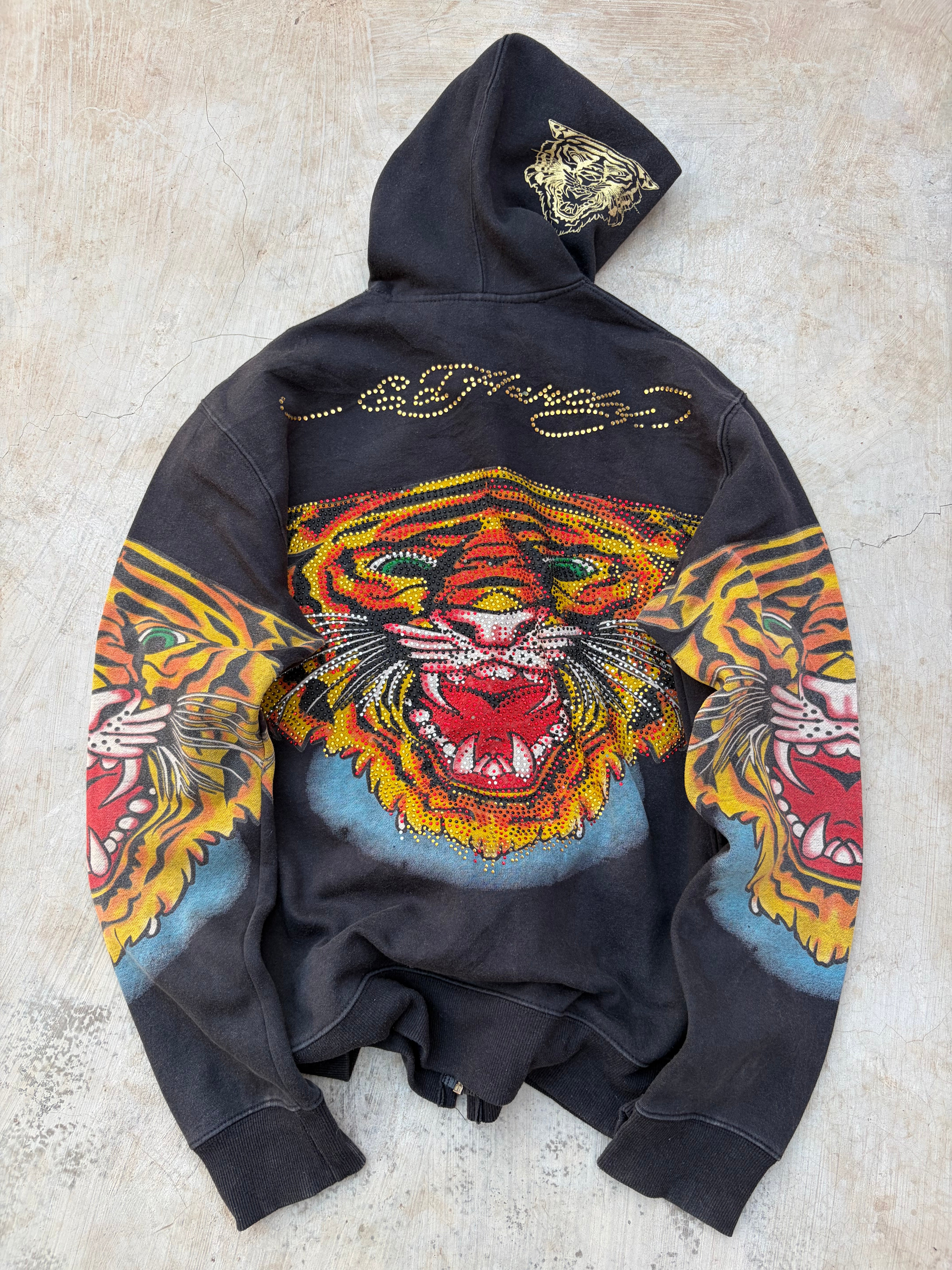Ed Hardy 虎 グラフィック パーカー　ラインストーン 00s Ed Hardy Rhinestone Tiger Graphic Zip-Up Hoodie L – Aavis Closet