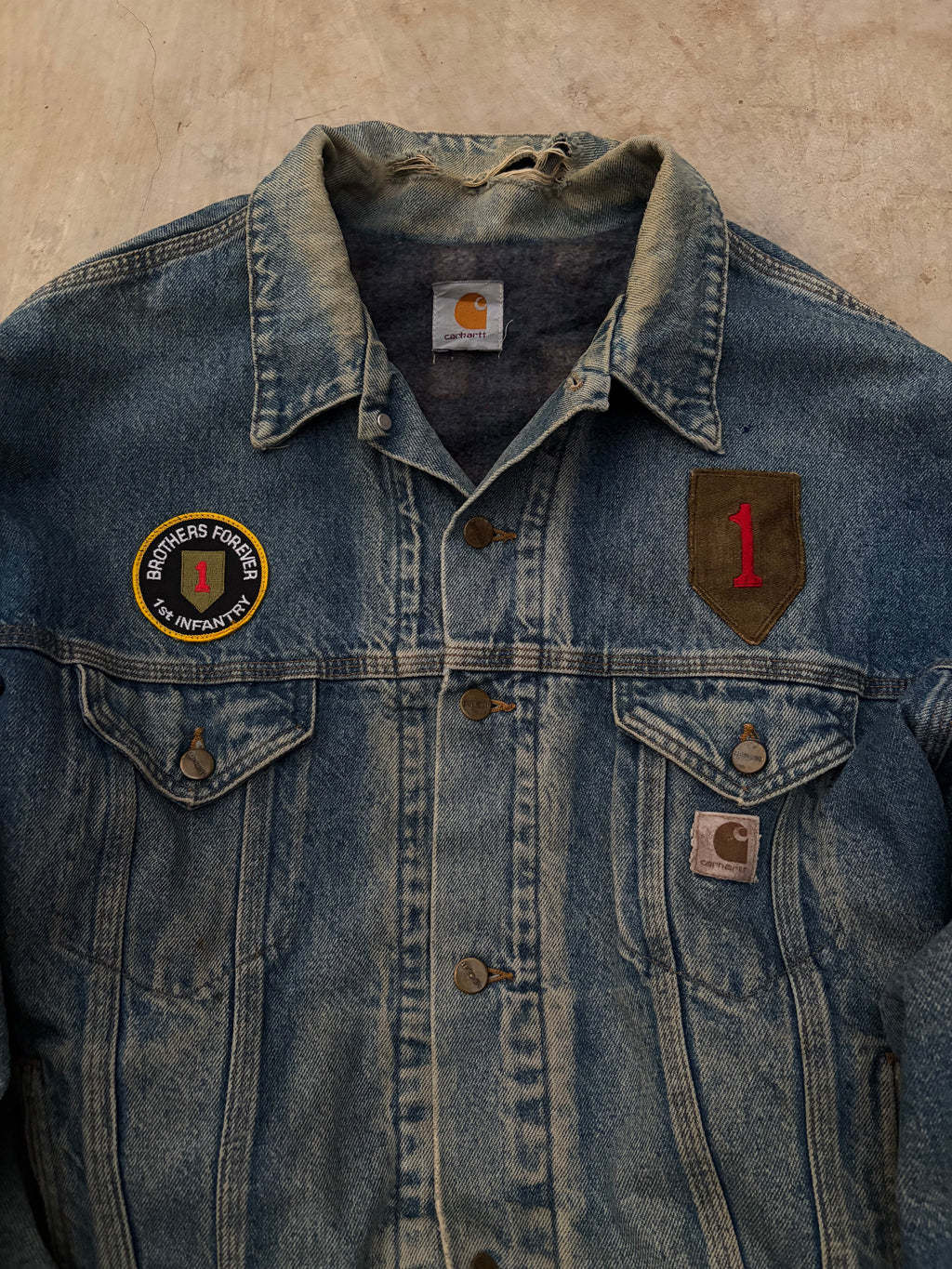 Vintage 90s Carhartt Denim Jacket 1st Infantry Division Vietnam Veteran XL