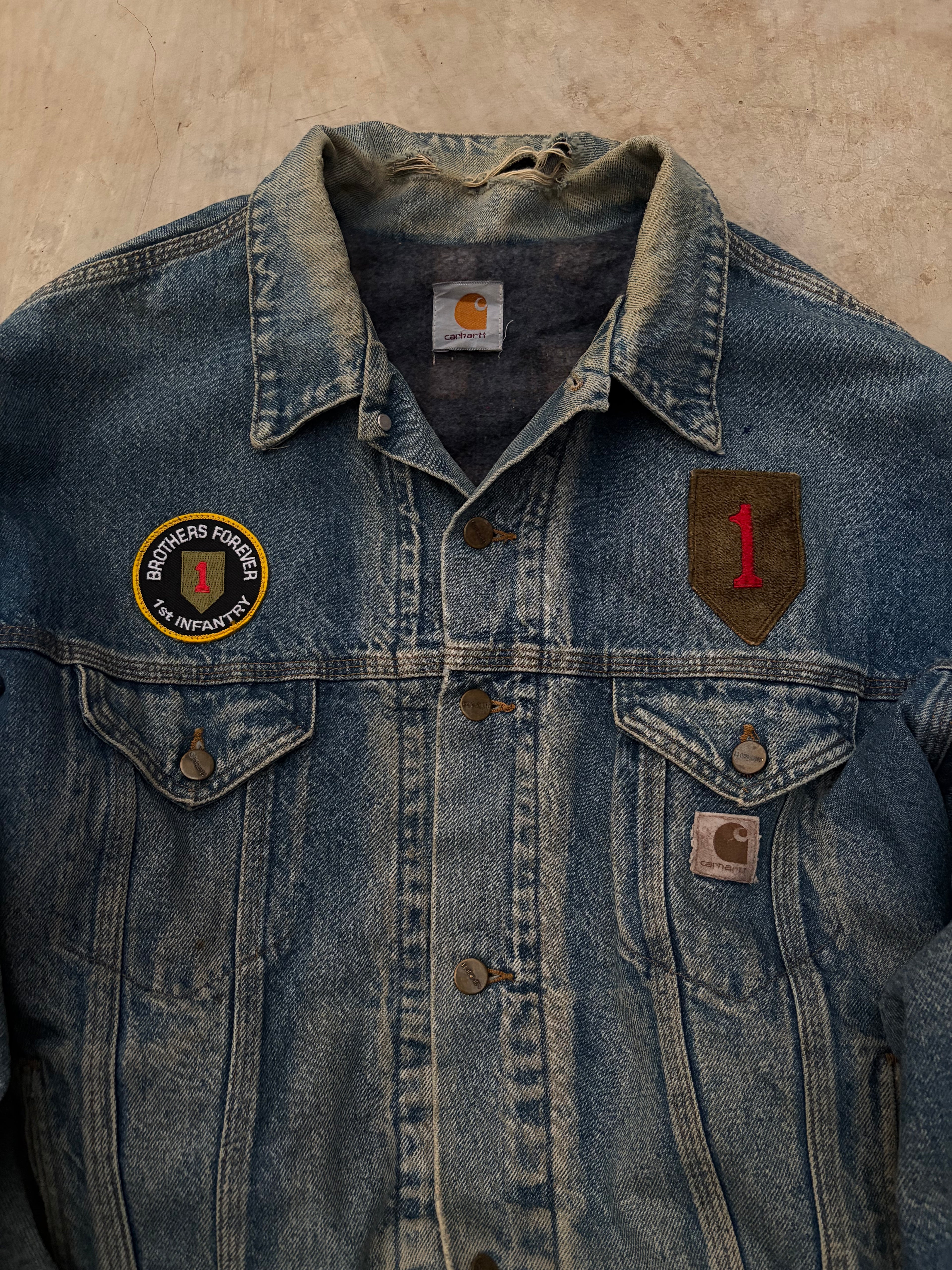 Vintage 90s Carhartt Denim Jacket 1st Infantry Division Vietnam Veteran XL