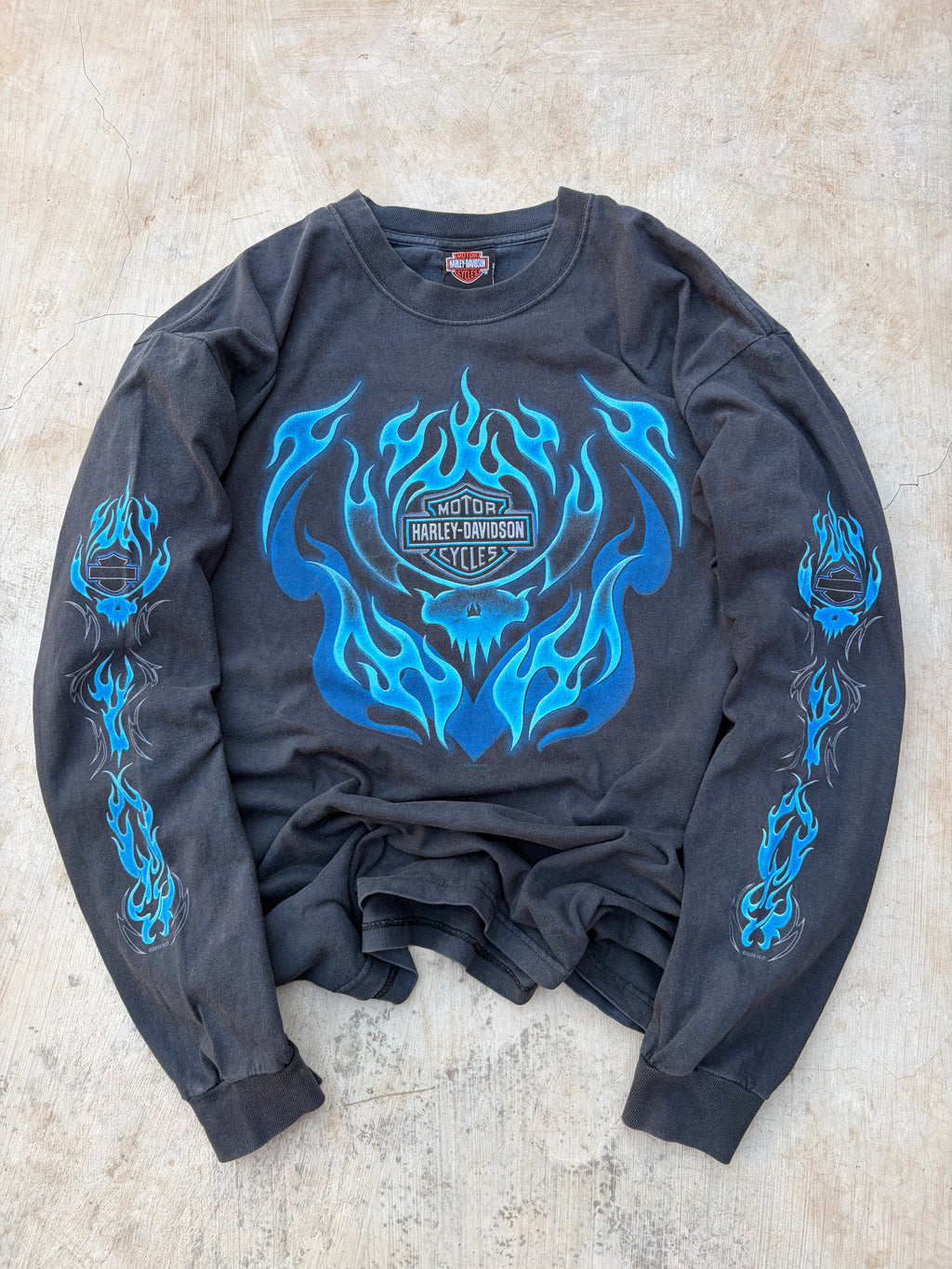 Vintage 00s Harley Davidson Blue Flame Longsleeve Tee L