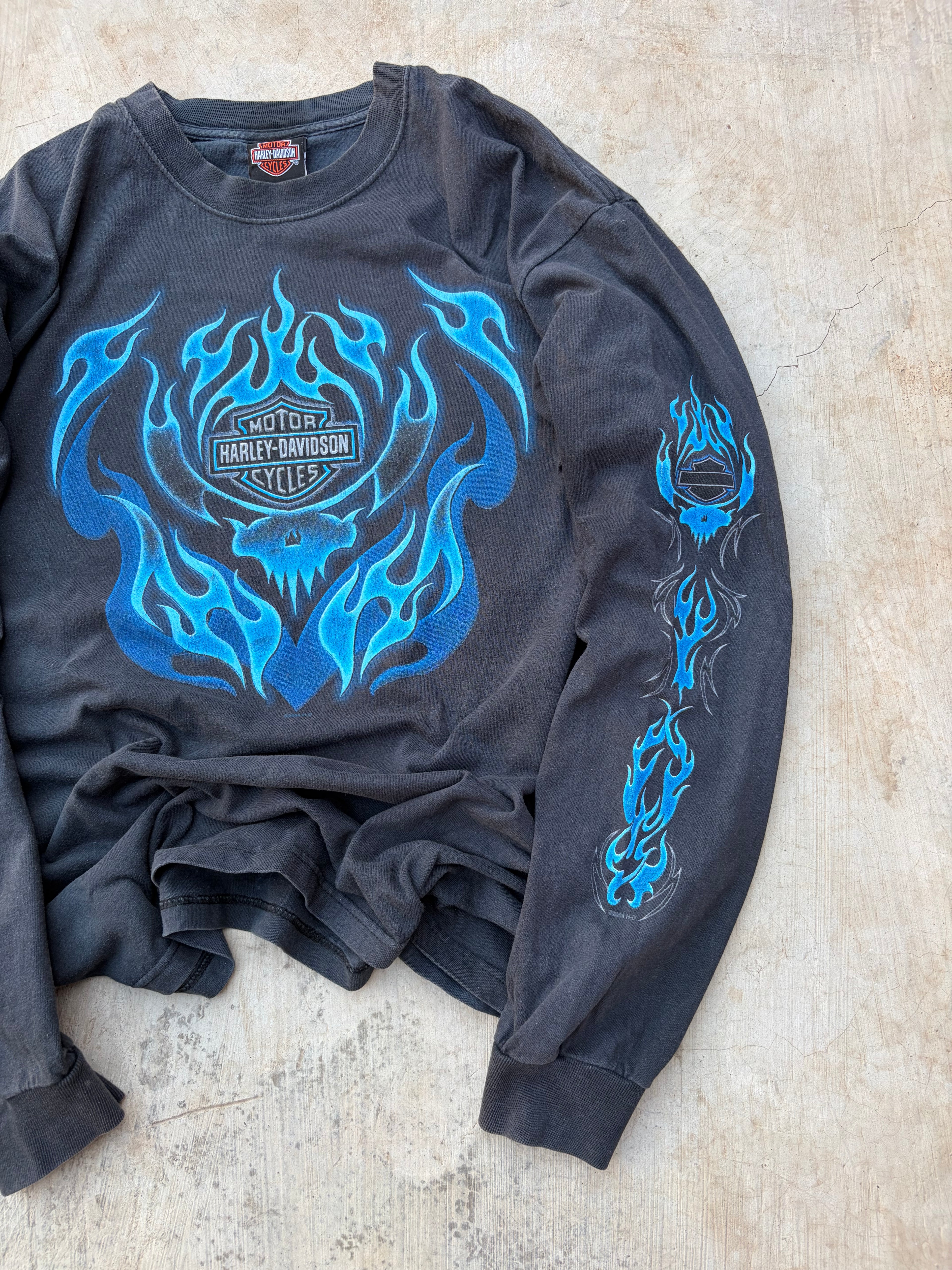 Vintage 00s Harley Davidson Blue Flame Longsleeve Tee L
