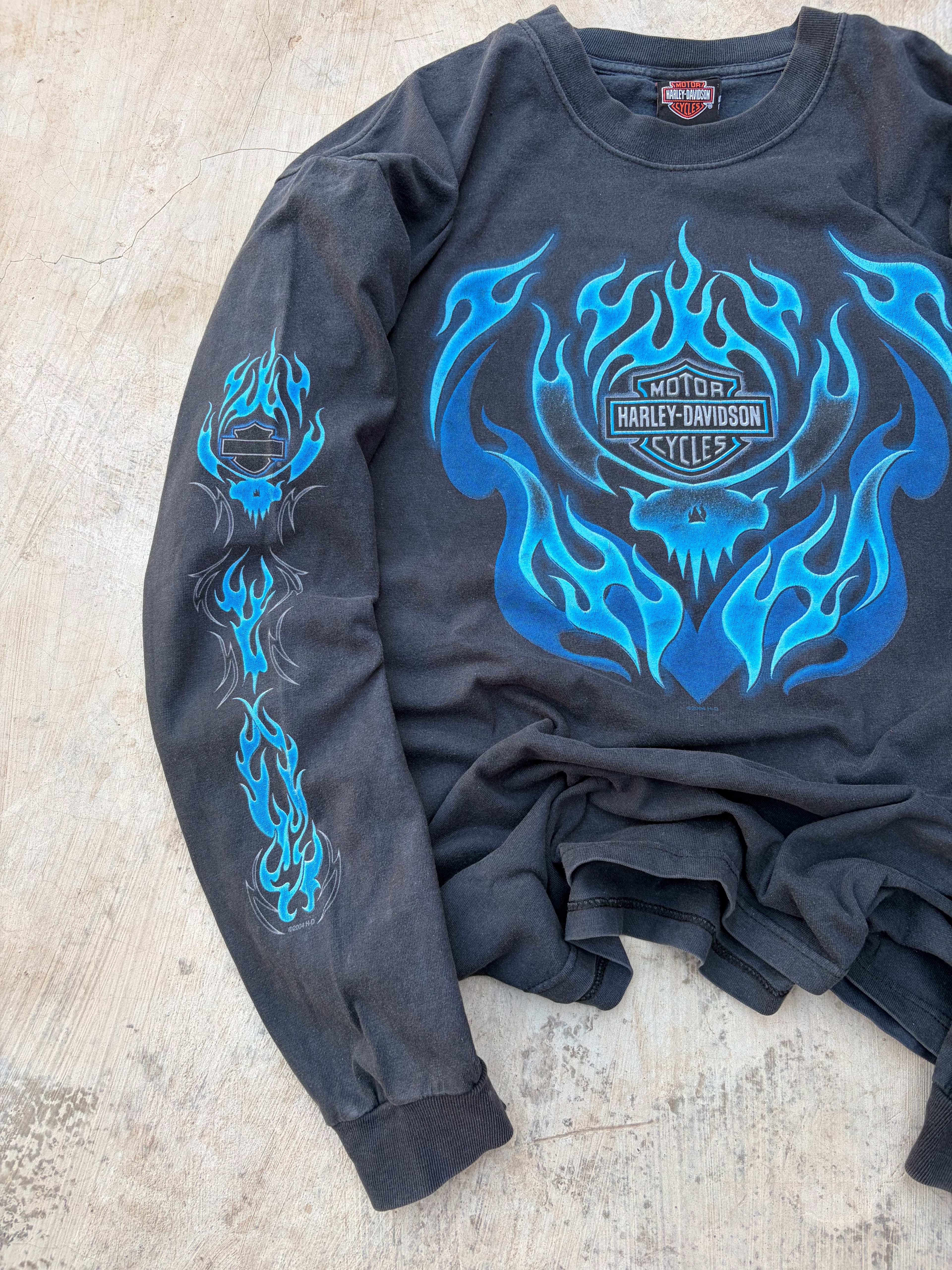 Vintage 00s Harley Davidson Blue Flame Longsleeve Tee L