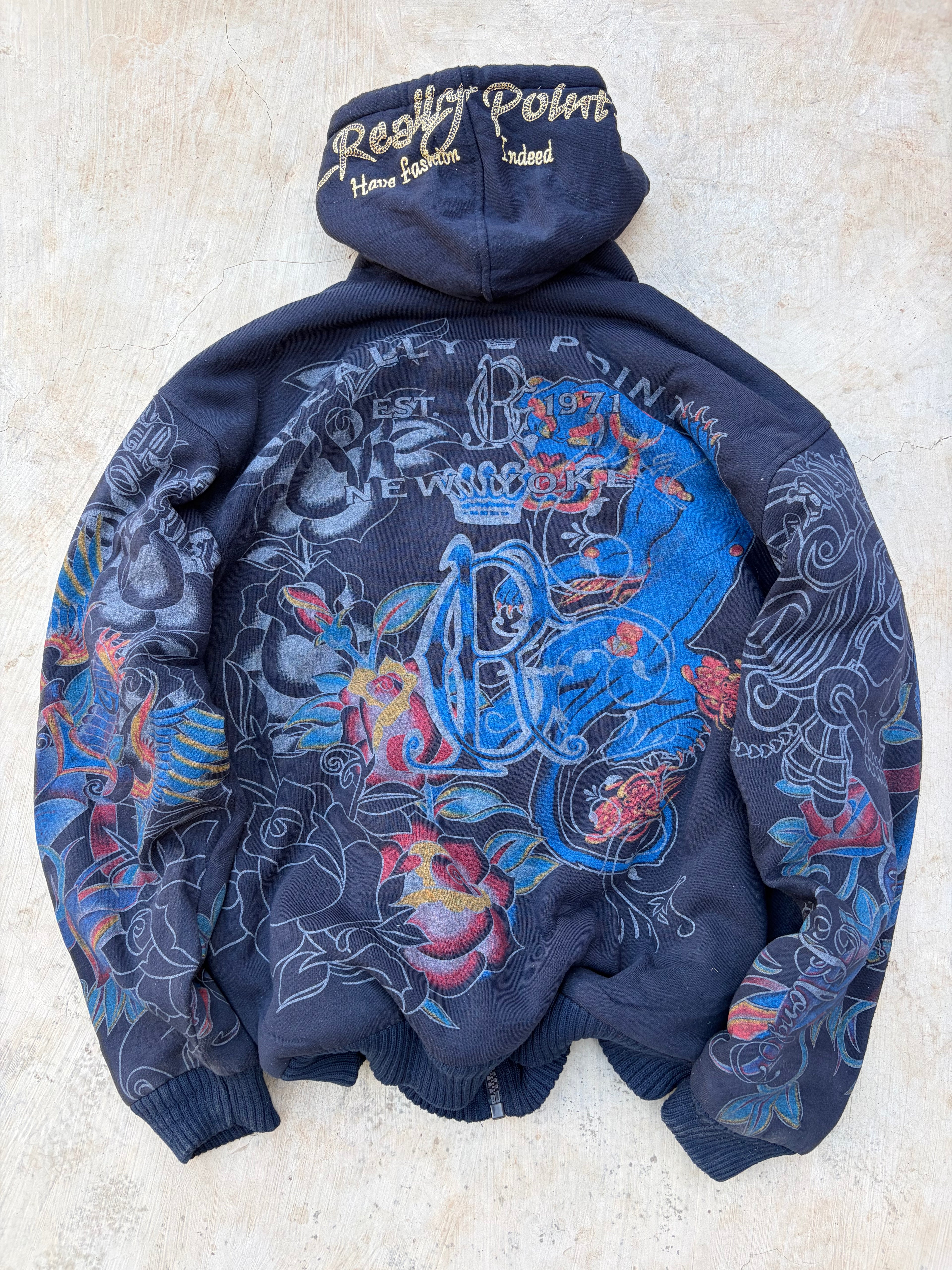 Vintage Y2K Really Point Rhinestone All-Over-Print (AOP) Sherpa-Lined Zip Hoodie XL