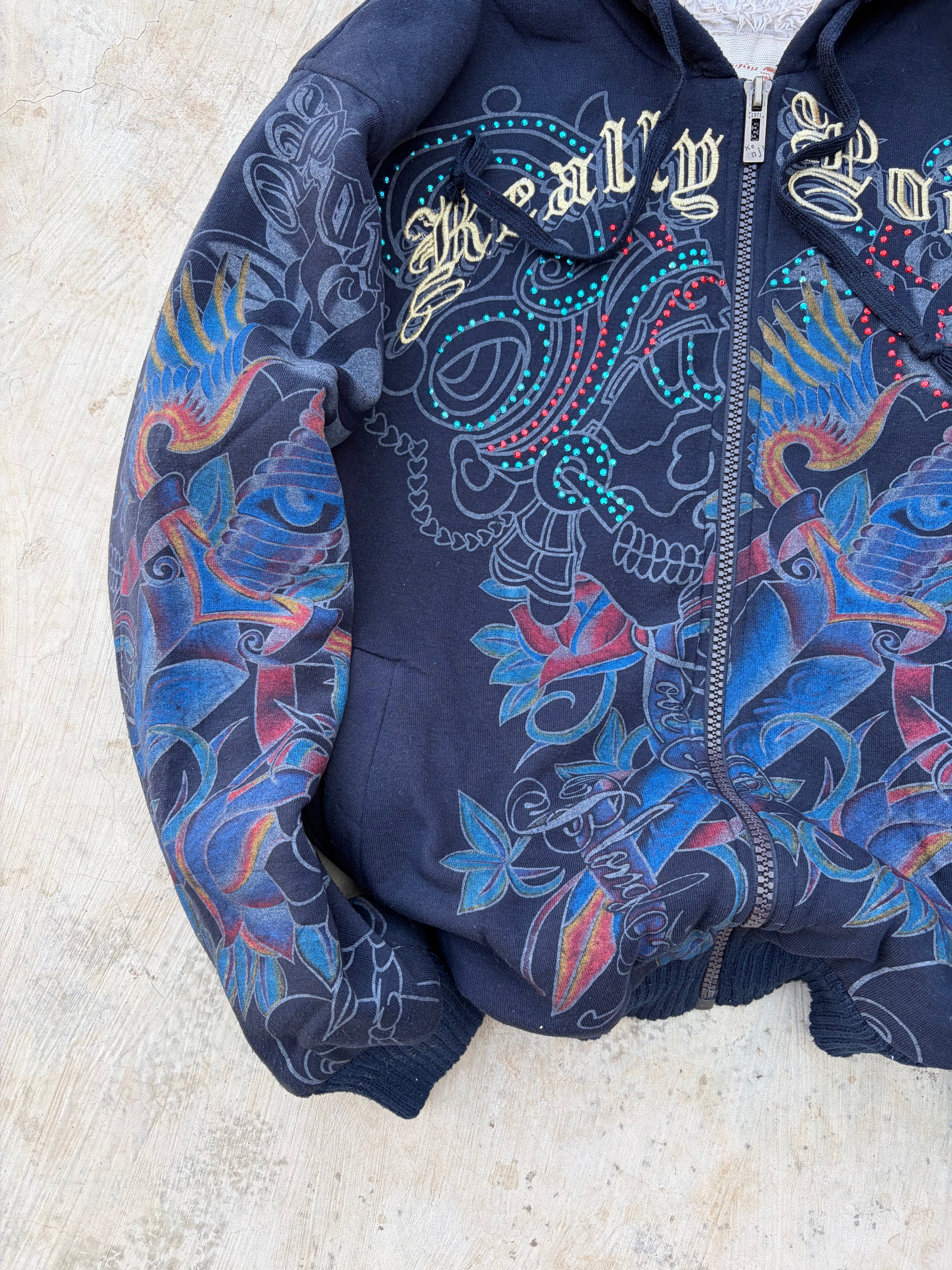 Vintage Y2K Really Point Rhinestone All-Over-Print (AOP) Sherpa-Lined Zip Hoodie XL