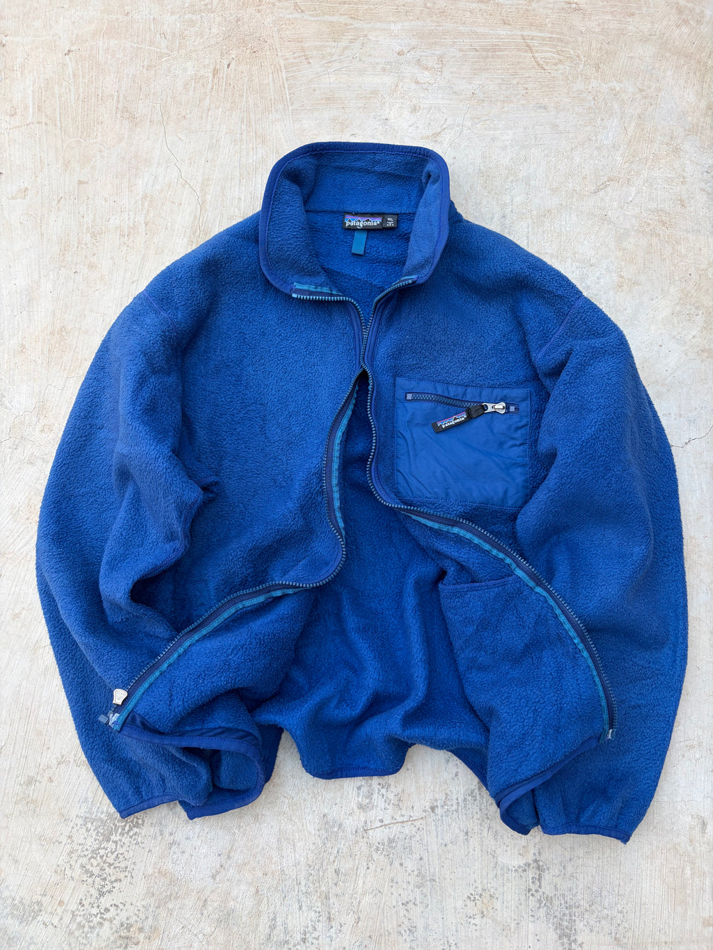 Patagonia Vintage Fleece Jacket Made In USA Blue Full Zip Chest Pocket L/XL