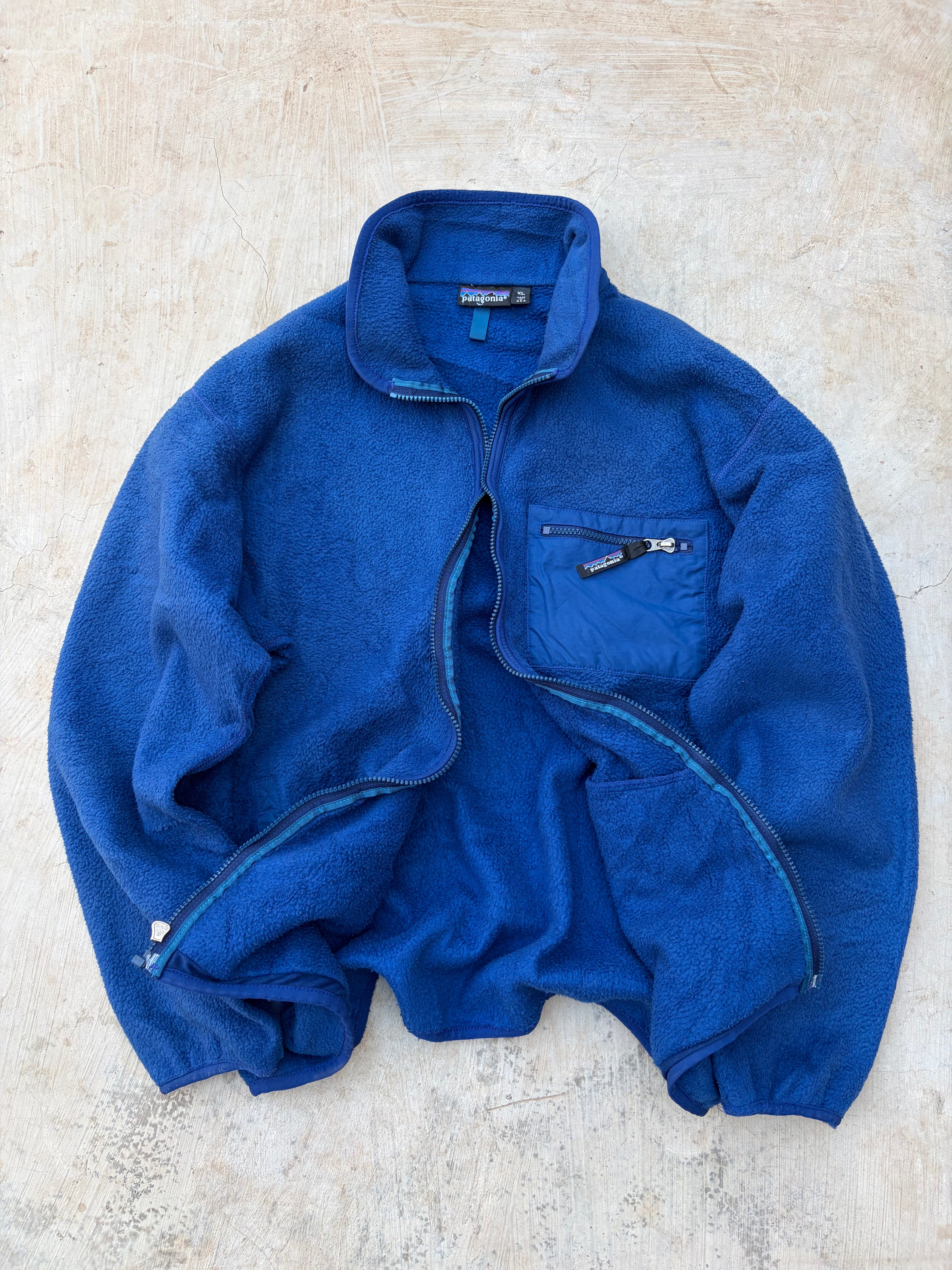 Patagonia Vintage Fleece Jacket Made In USA Blue Full Zip Chest Pocket L/XL