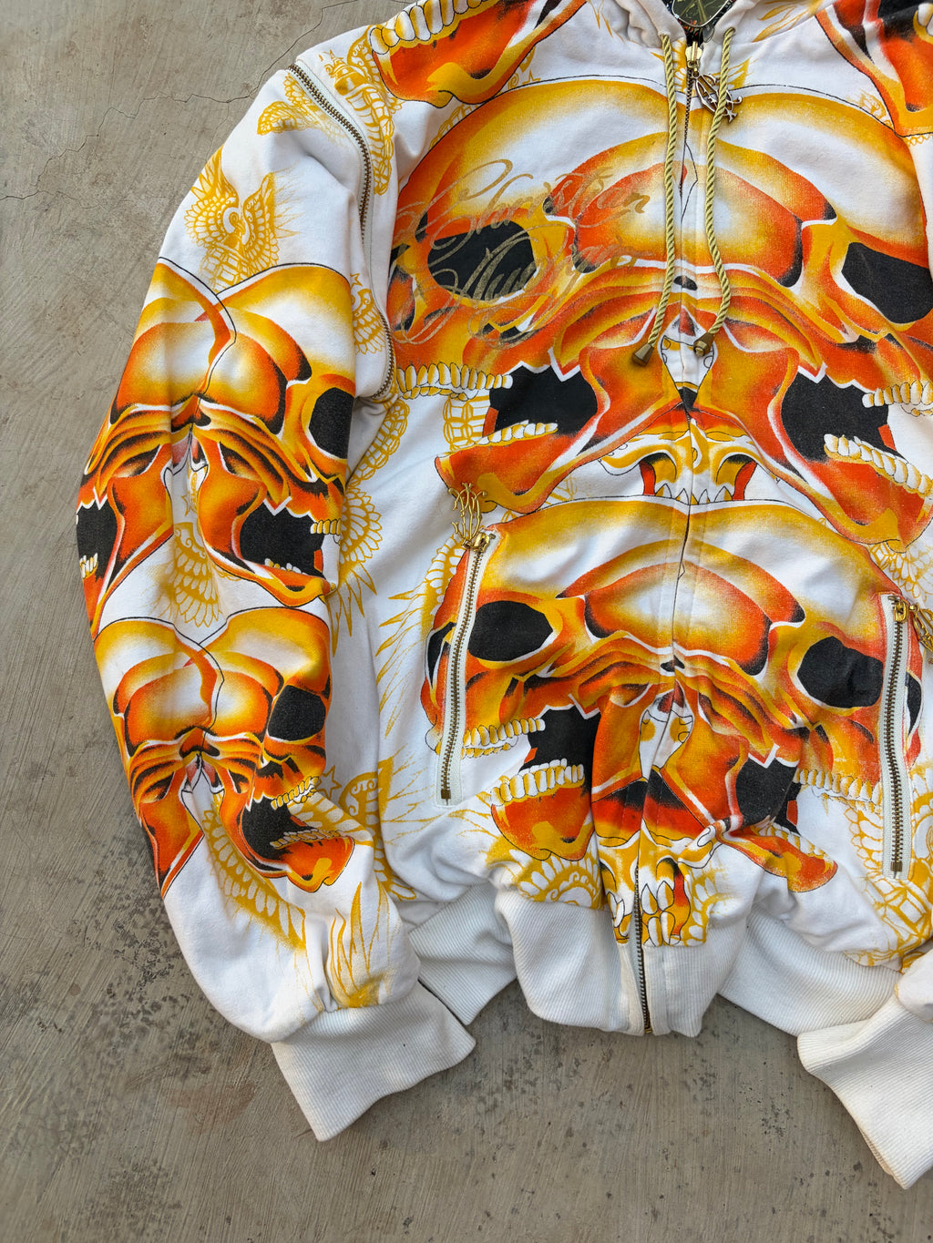 Christian Audigier Reversible Skull Hoodie Detachable Sleeves Y2K Rare L