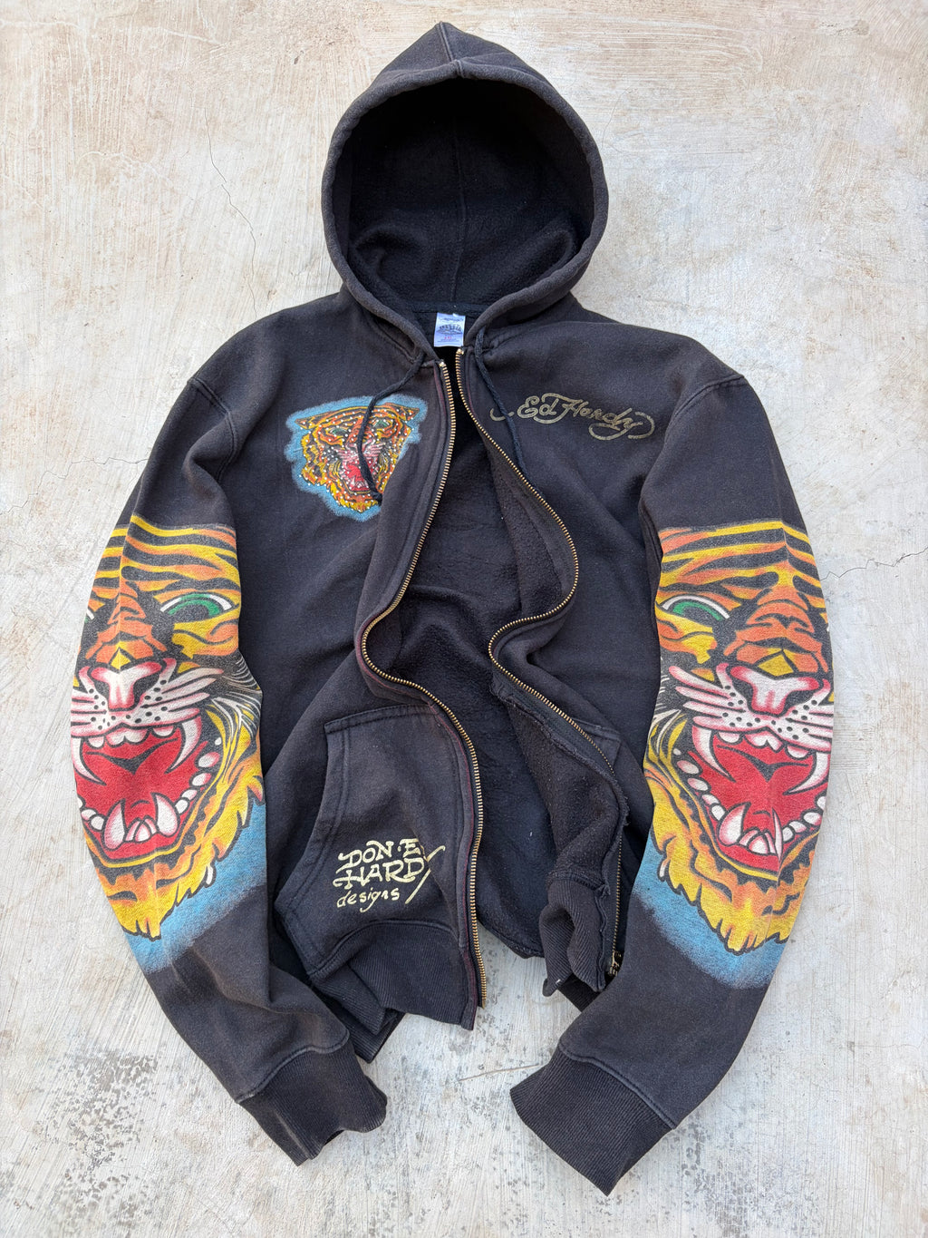 00s Ed Hardy Rhinestone Tiger Graphic Zip-Up Hoodie L