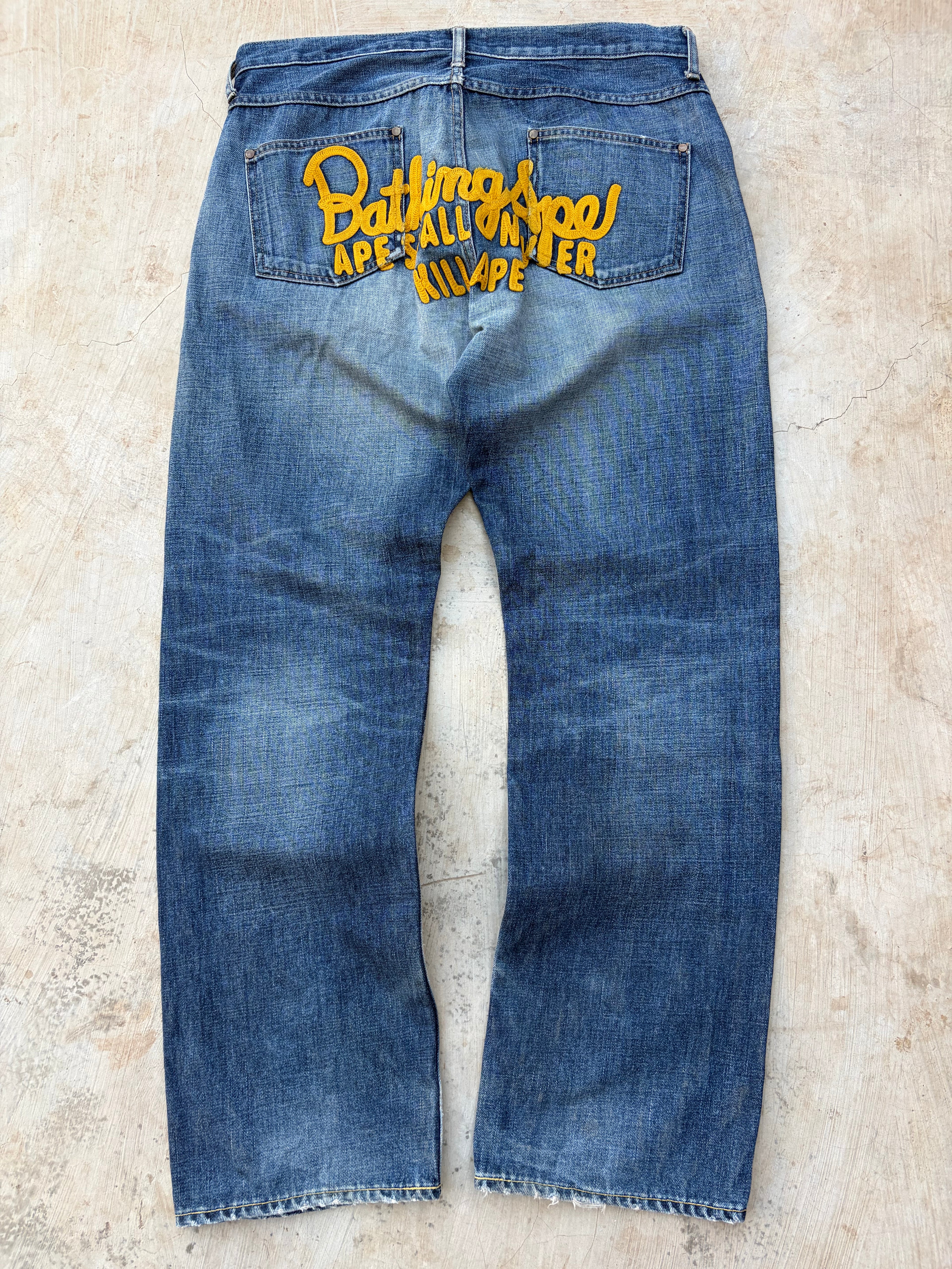 Vintage BAPE Bathing Ape Denim Jeans Big Logo Back Embroidery Y2K 34