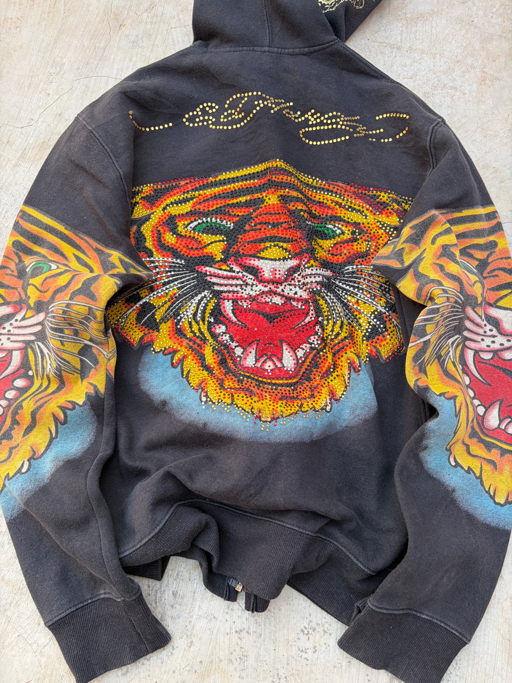00s Ed Hardy Rhinestone Tiger Graphic Zip-Up Hoodie L