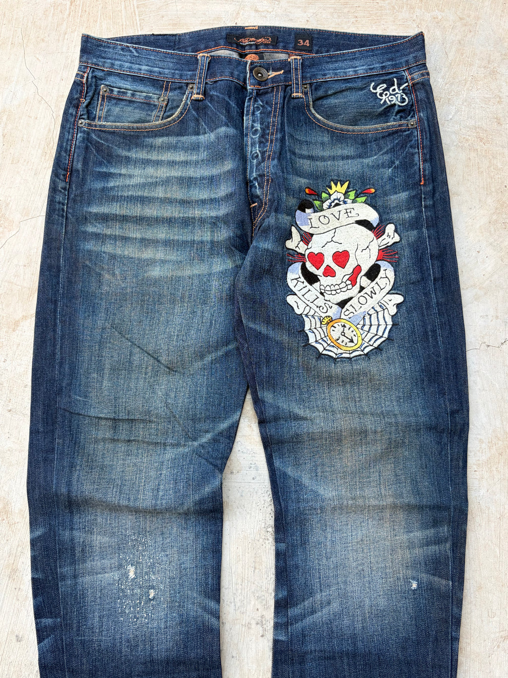 Vintage Ed Hardy Jeans Skull Embroidery Denim Y2K Straight Size 34