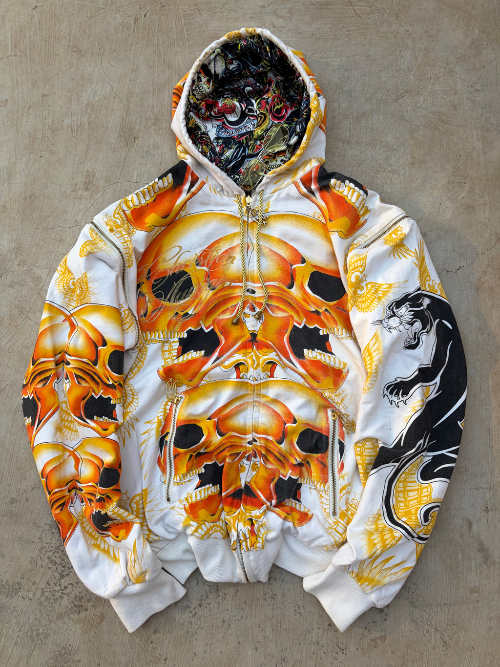 Christian Audigier Reversible Skull Hoodie Detachable Sleeves Y2K Rare L
