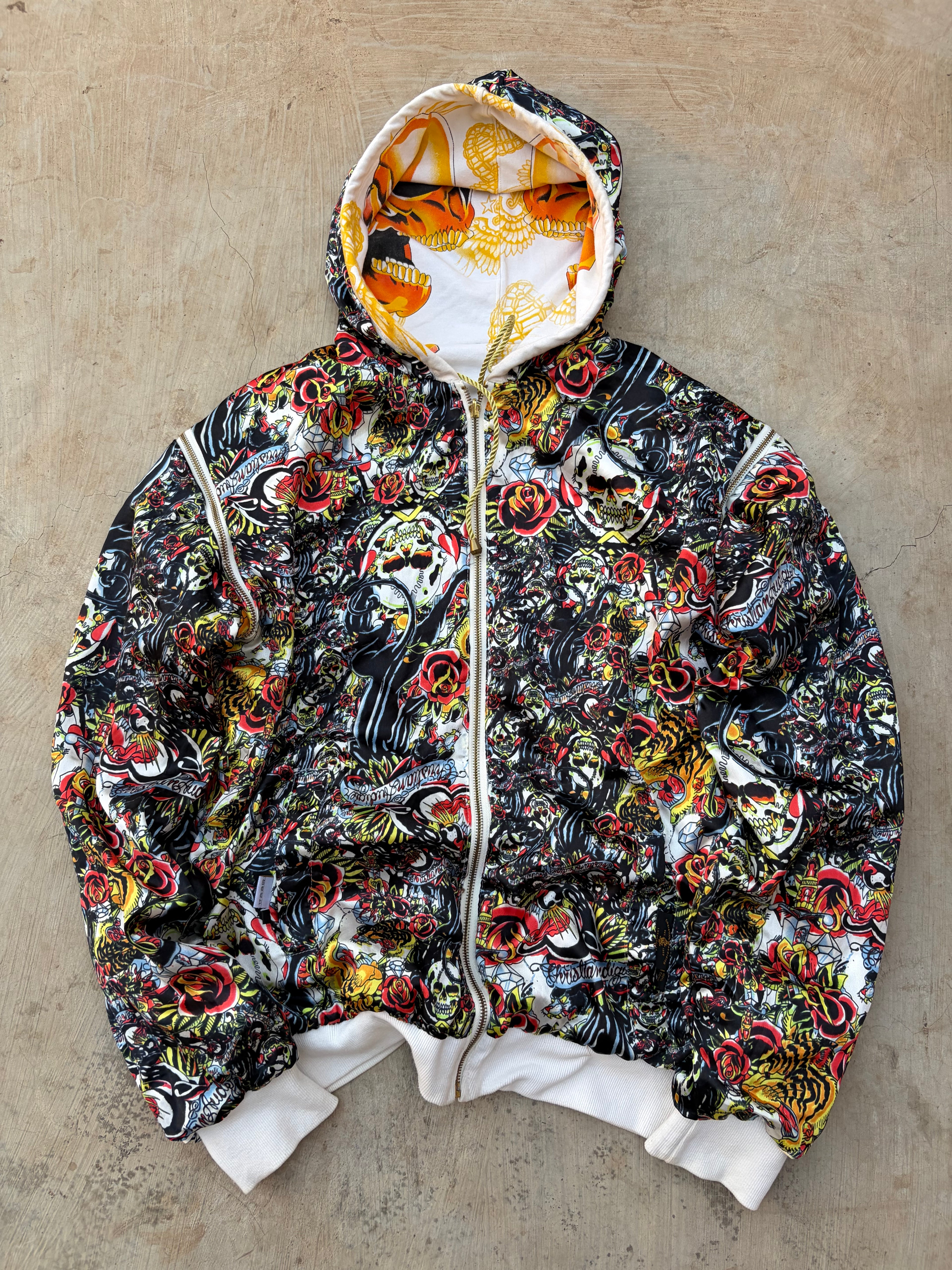 Christian Audigier Reversible Skull Hoodie Detachable Sleeves Y2K Rare L