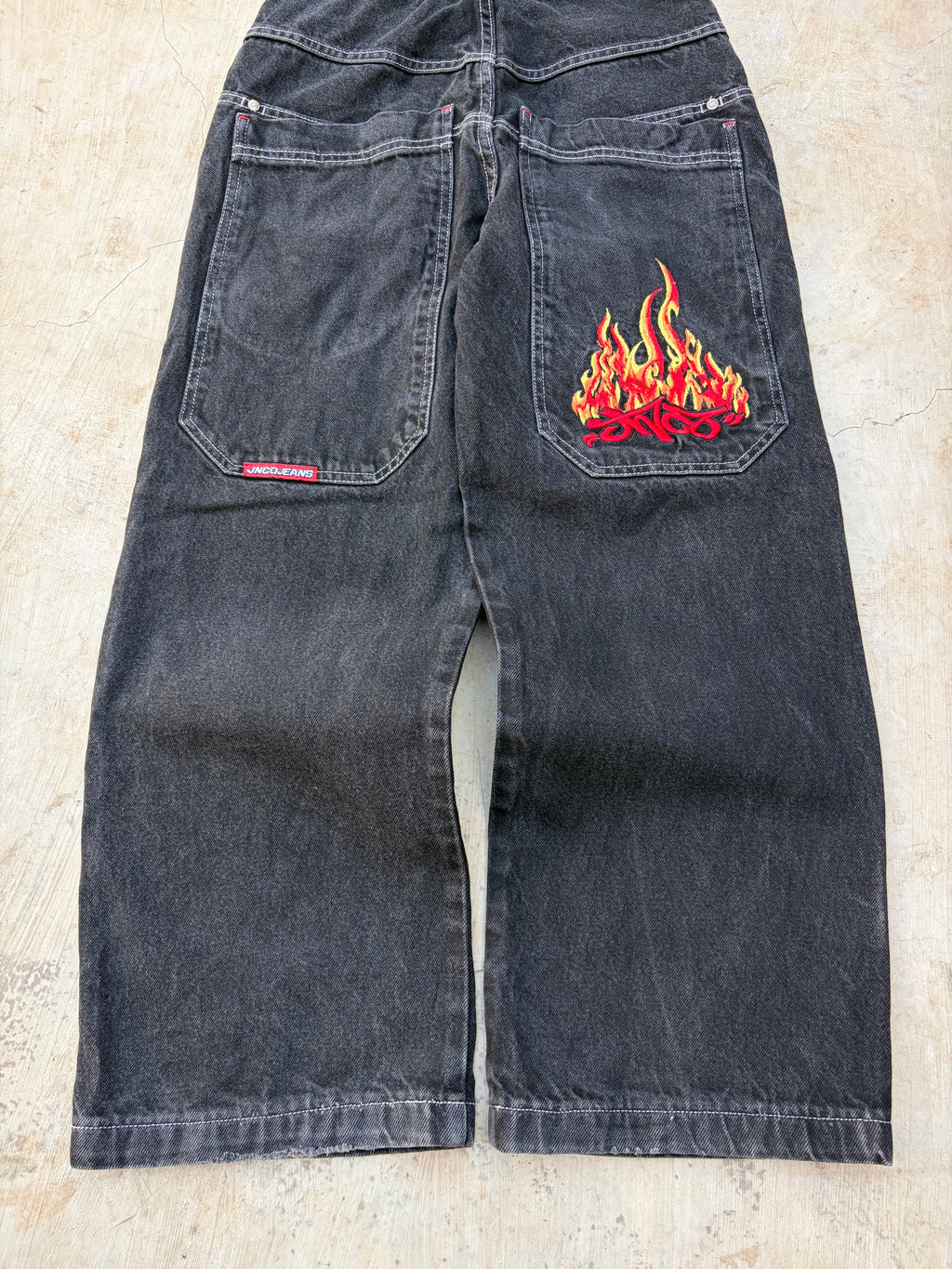 JNCO Jeans Vintage Black Denim Flame Logo Wide Leg Baggy Skater Y2k 28