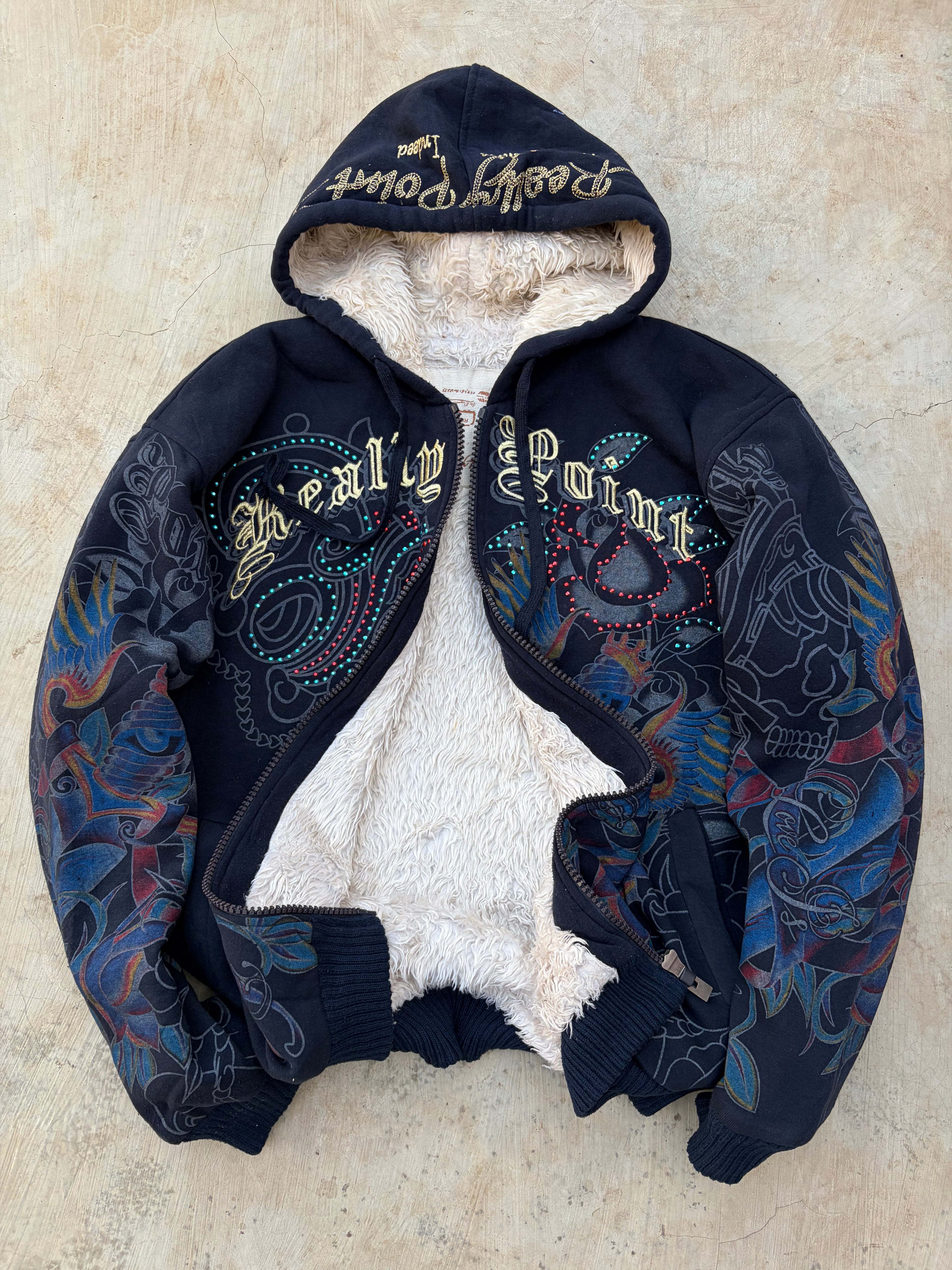 Vintage Y2K Really Point Rhinestone All-Over-Print (AOP) Sherpa-Lined Zip Hoodie XL