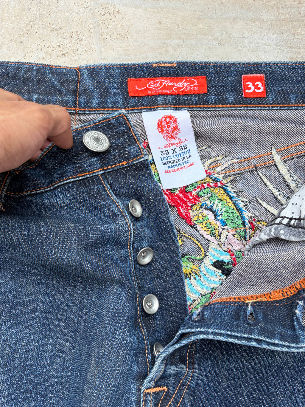 Vintage 00s Ed Hardy Dragon & Eagle Embroidered Denim Jeans 33