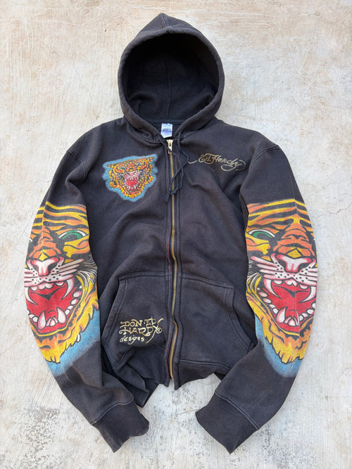00s Ed Hardy Rhinestone Tiger Graphic Zip-Up Hoodie L