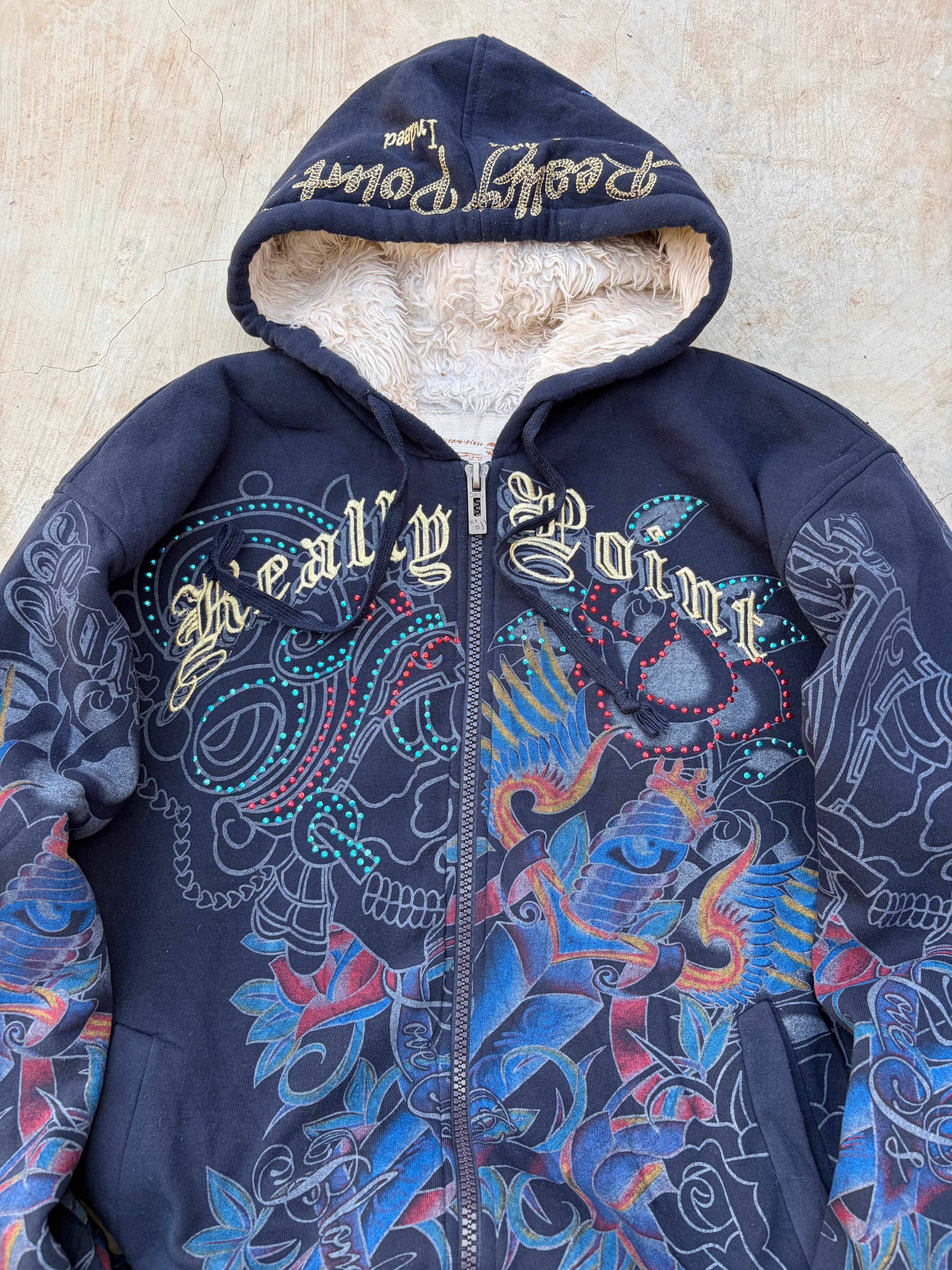 Vintage Y2K Really Point Rhinestone All-Over-Print (AOP) Sherpa-Lined Zip Hoodie XL