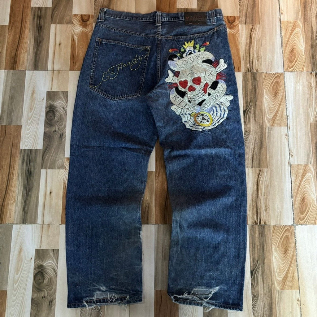 Vintage 00s Edhardy Skull Love Baggy Jeans 42