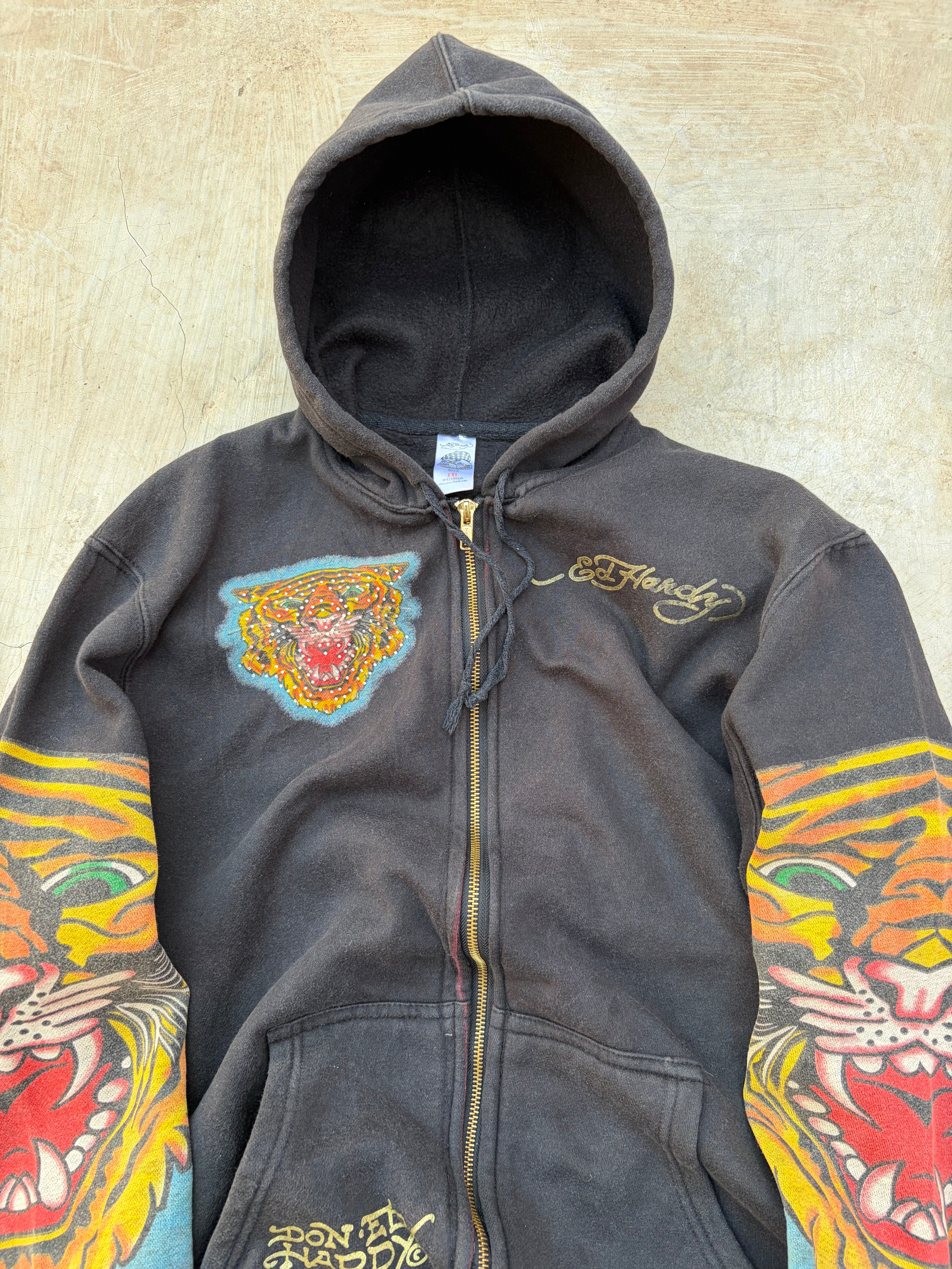 00s Ed Hardy Rhinestone Tiger Graphic Zip-Up Hoodie L – Aavis Closet