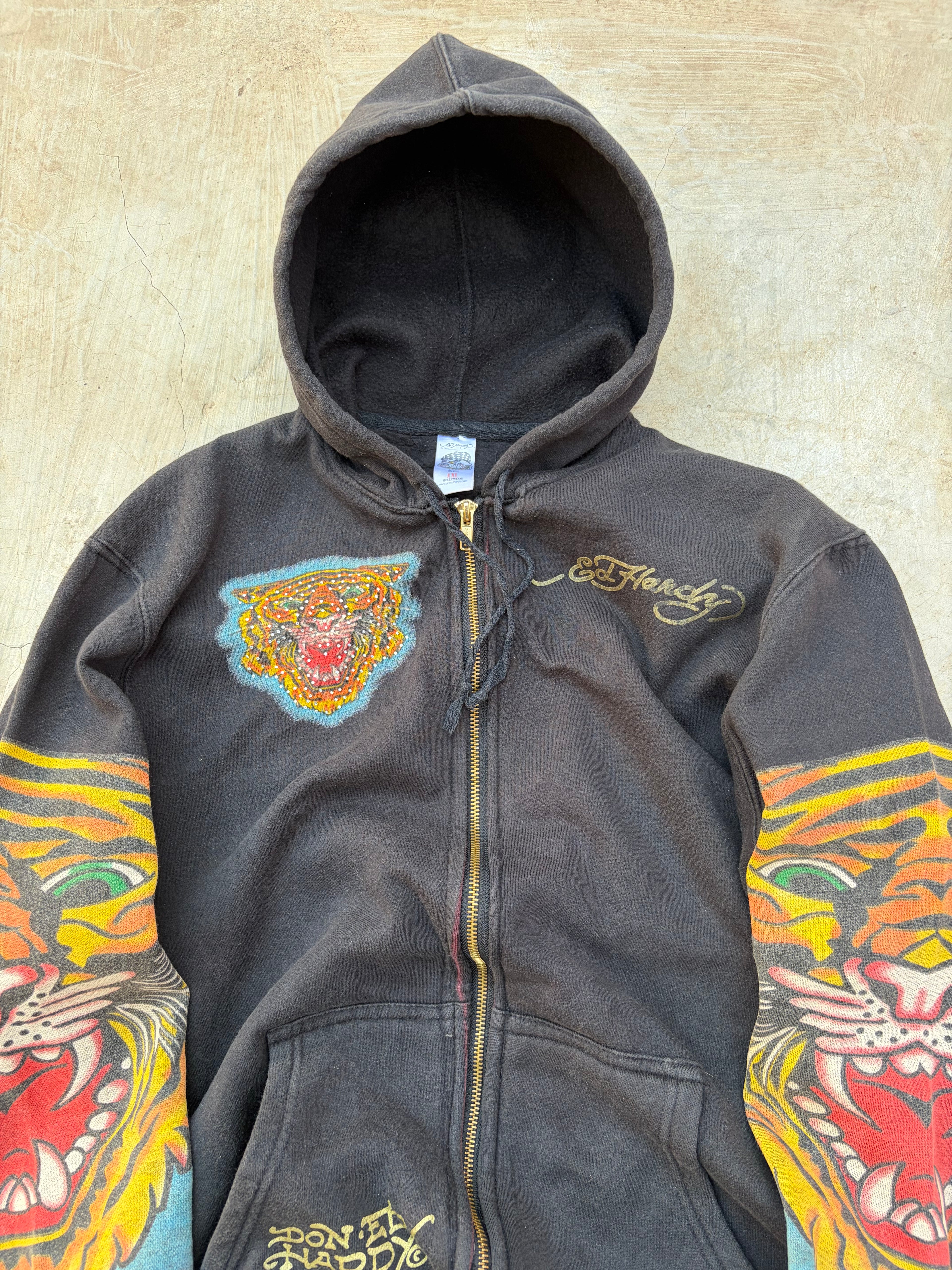 00s Ed Hardy Rhinestone Tiger Graphic Zip-Up Hoodie L