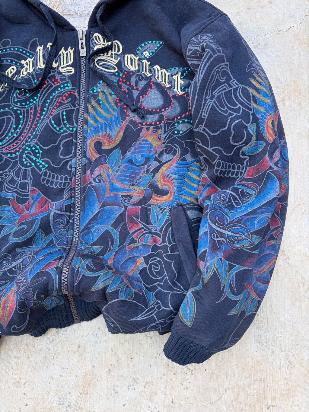 Vintage Y2K Really Point Rhinestone All-Over-Print (AOP) Sherpa-Lined Zip Hoodie XL