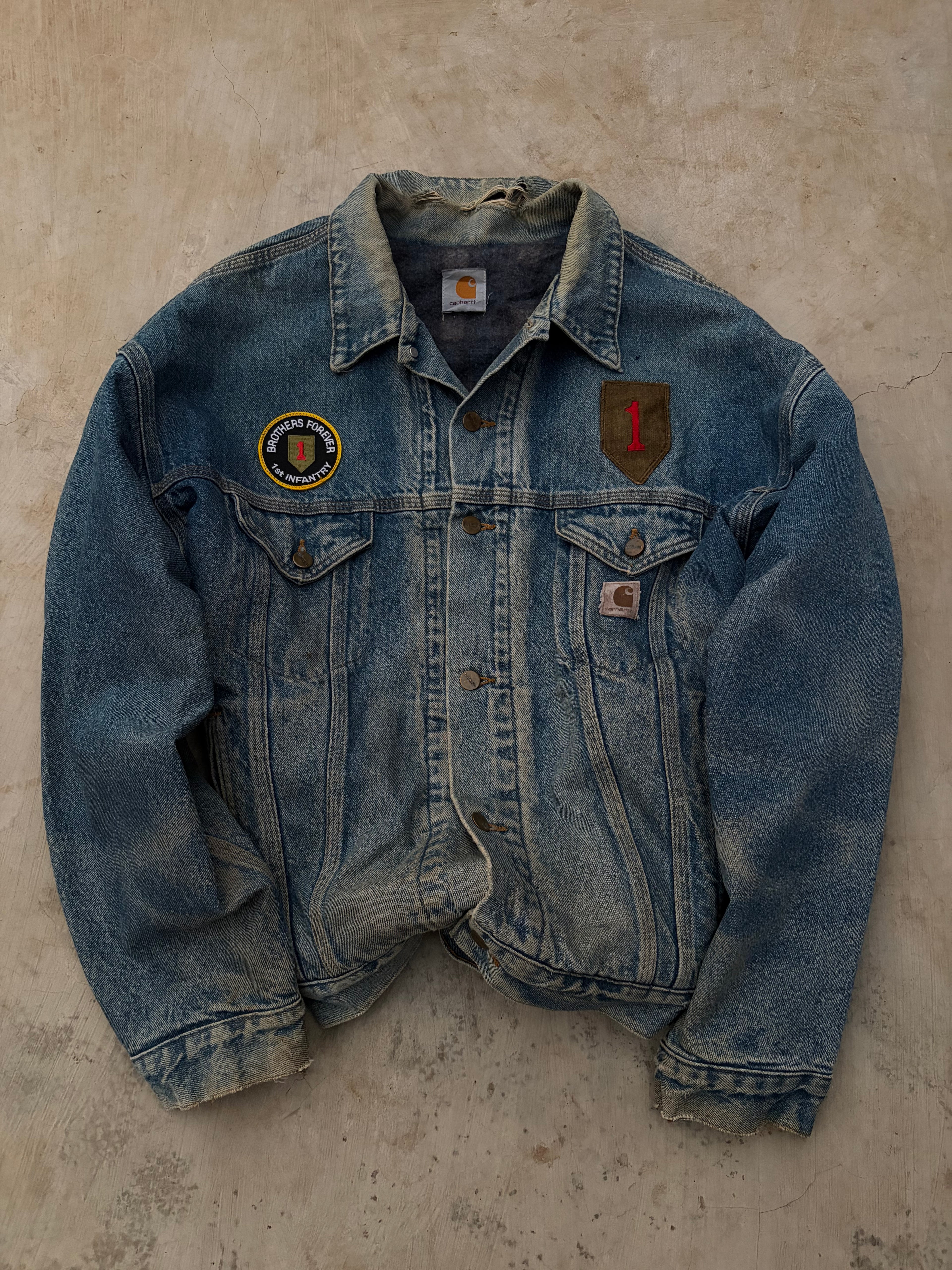 Vintage 90s Carhartt Denim Jacket 1st Infantry Division Vietnam Veteran XL