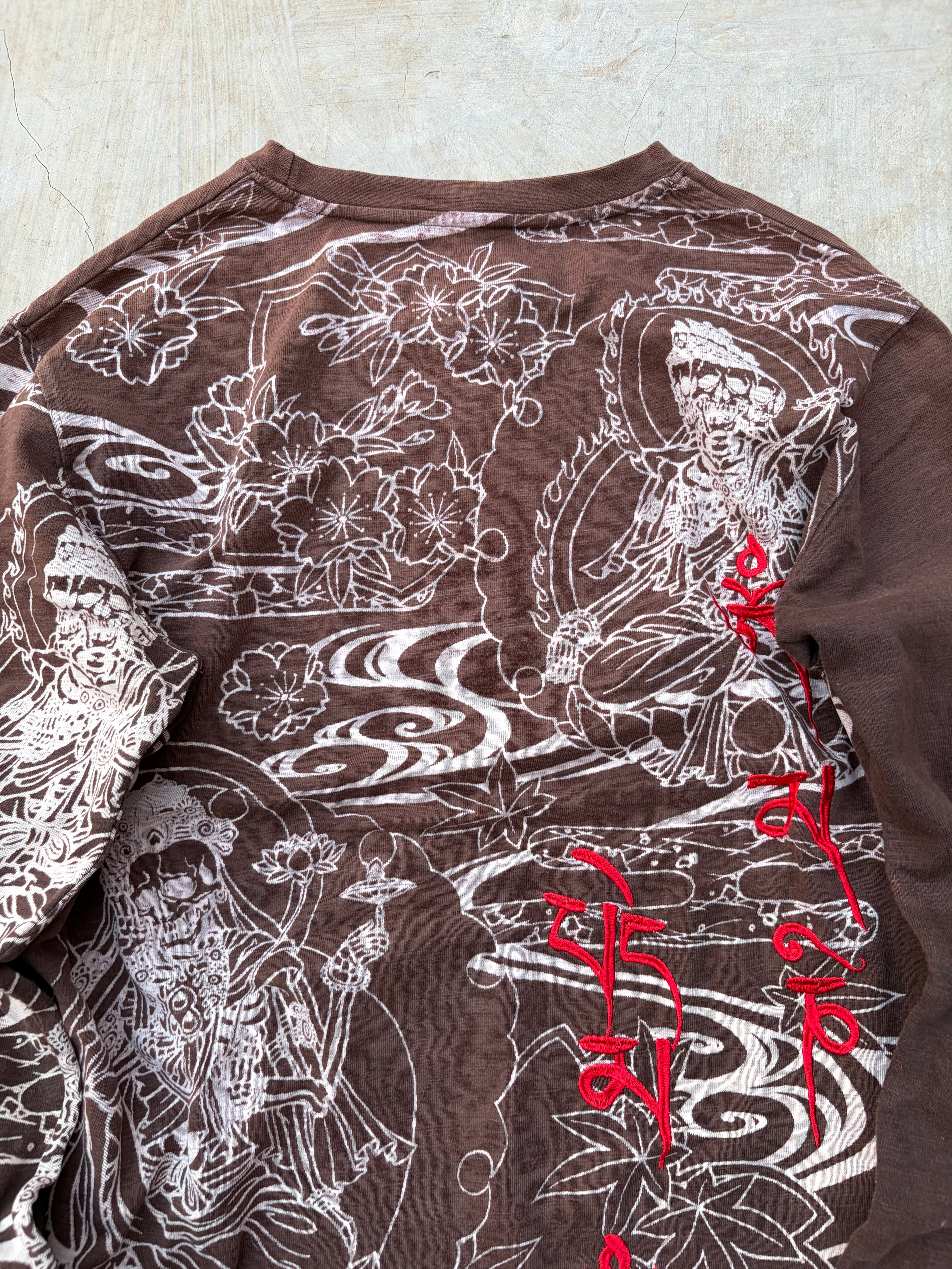 Vintage Big Train Embroidered Graphic Long Sleeve Tee Brown Tribal Skull Y2K M/L