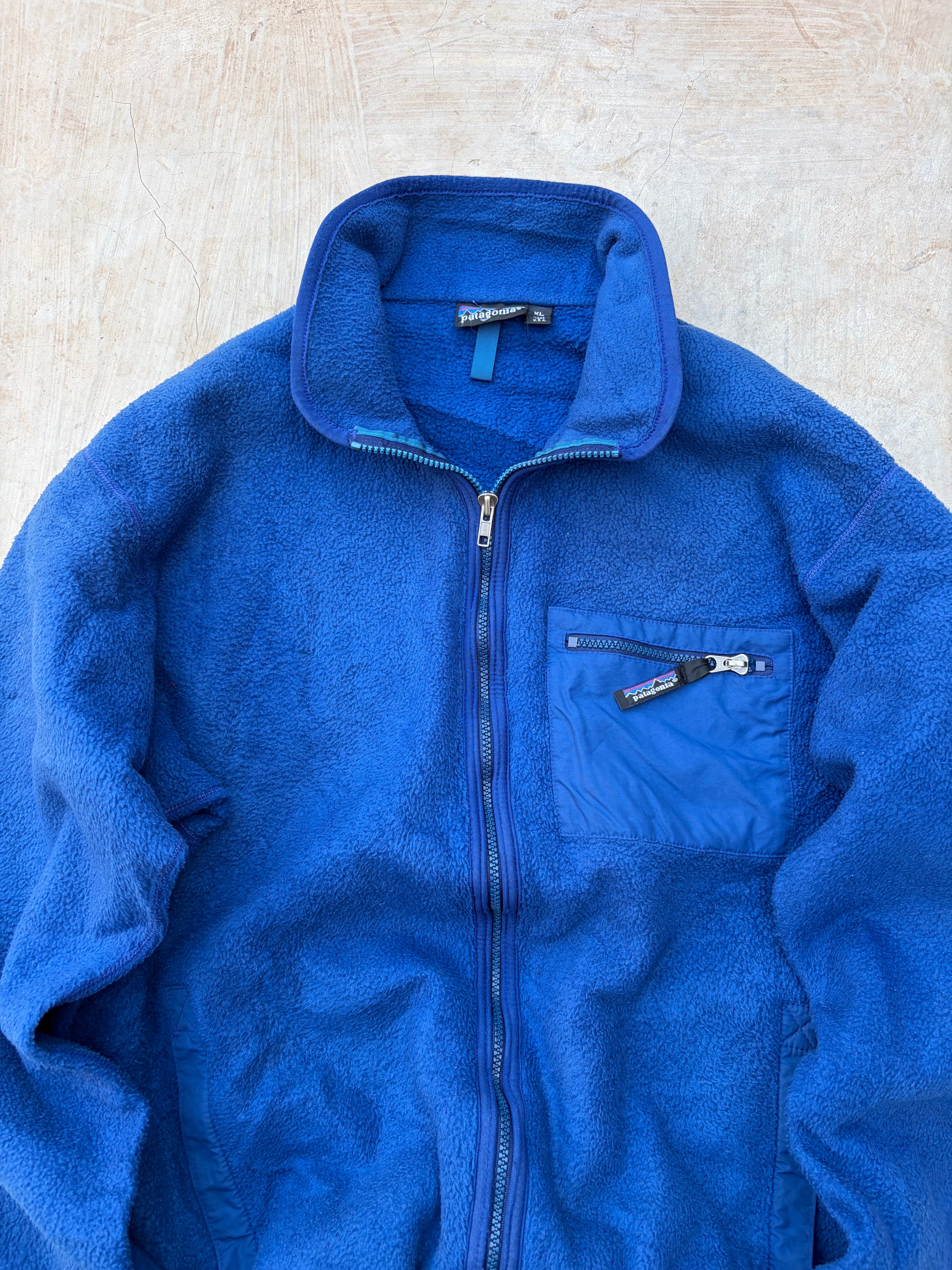 Patagonia Vintage Fleece Jacket Made In USA Blue Full Zip Chest Pocket L/XL
