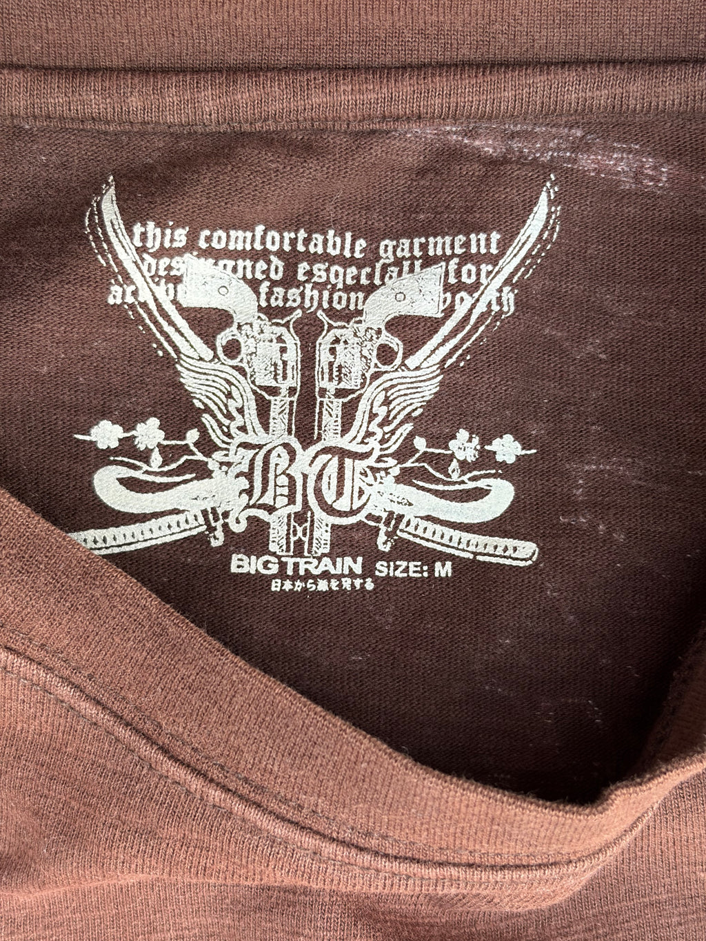 Vintage Big Train Embroidered Graphic Long Sleeve Tee Brown Tribal Skull Y2K M/L