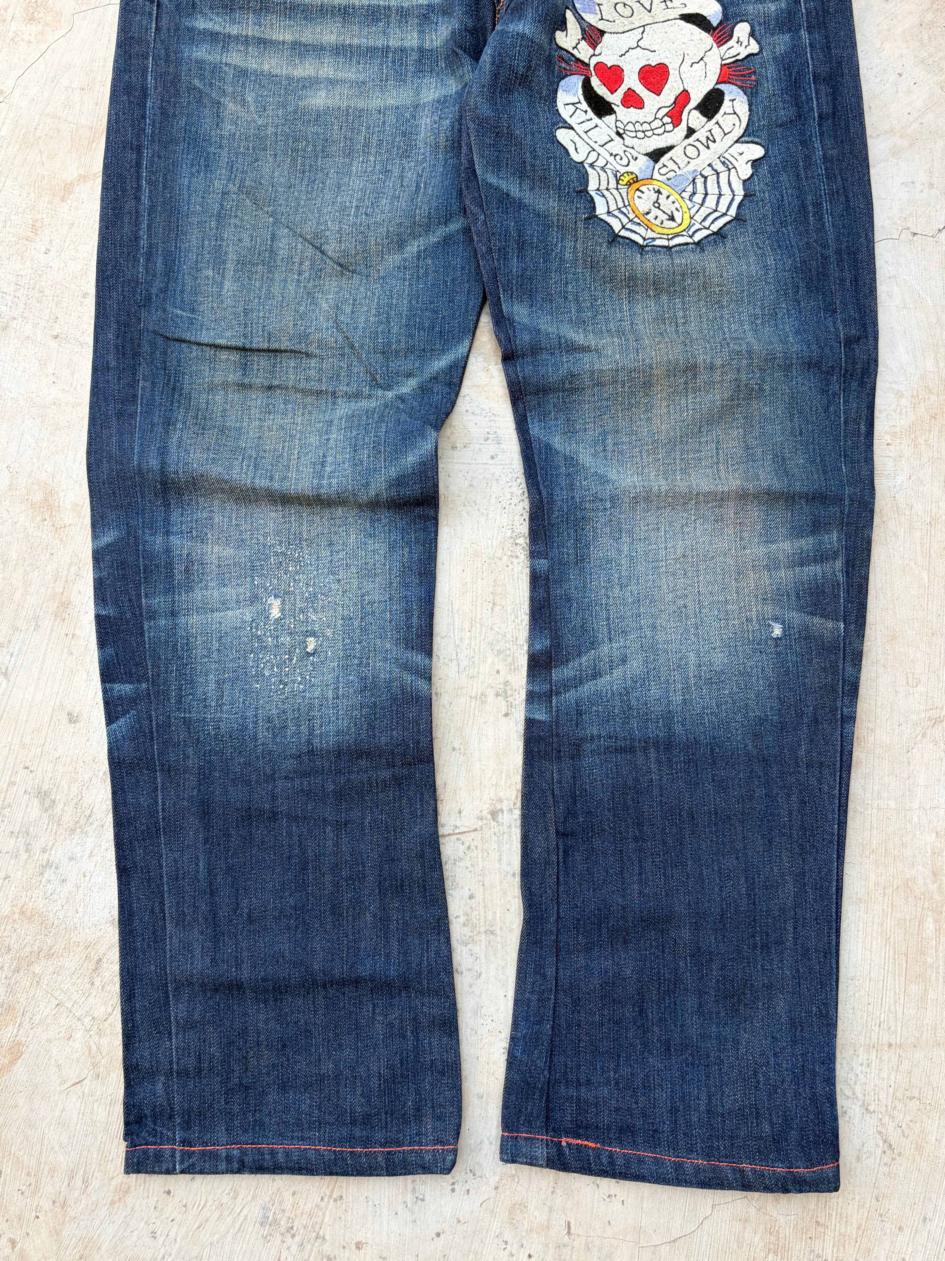 Vintage Ed Hardy Jeans Skull Embroidery Denim Y2K Straight Size 34